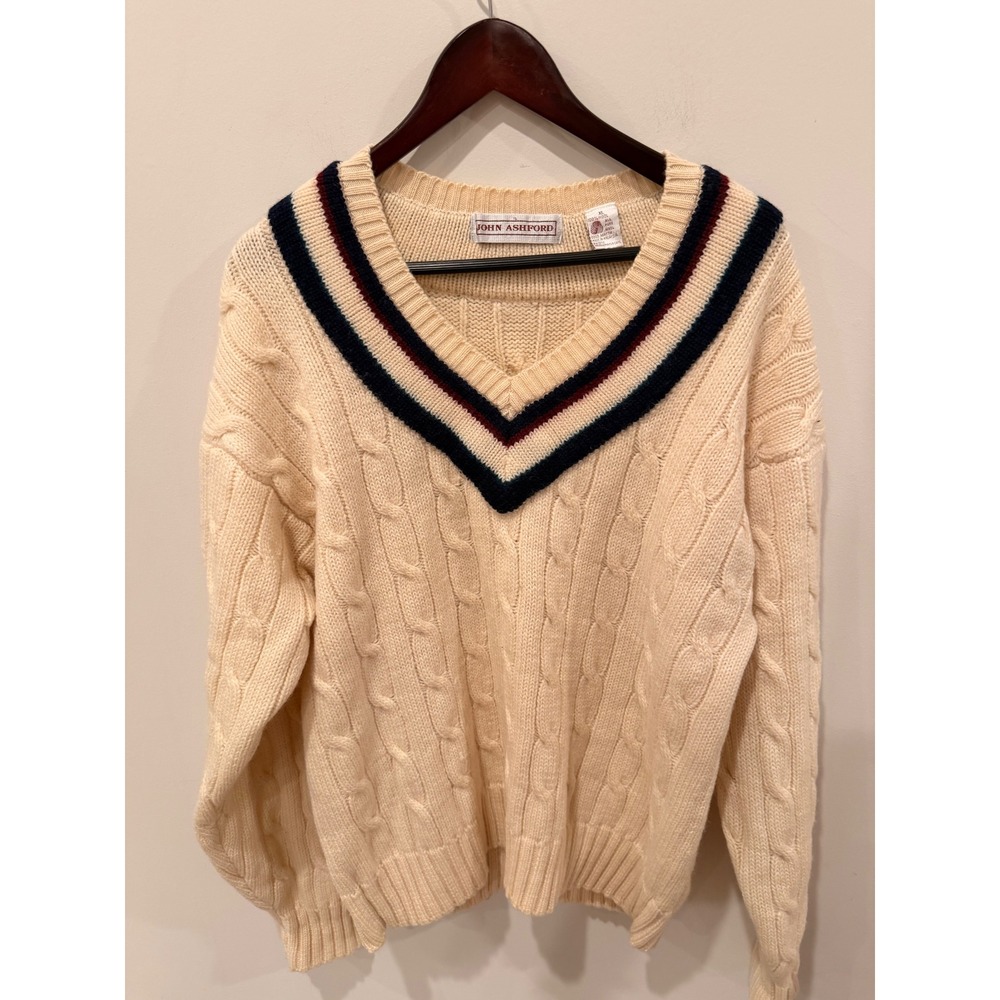 John Ashford Cable Knit Sweater XL 100% Wool Cream V Neck Preppy Classic